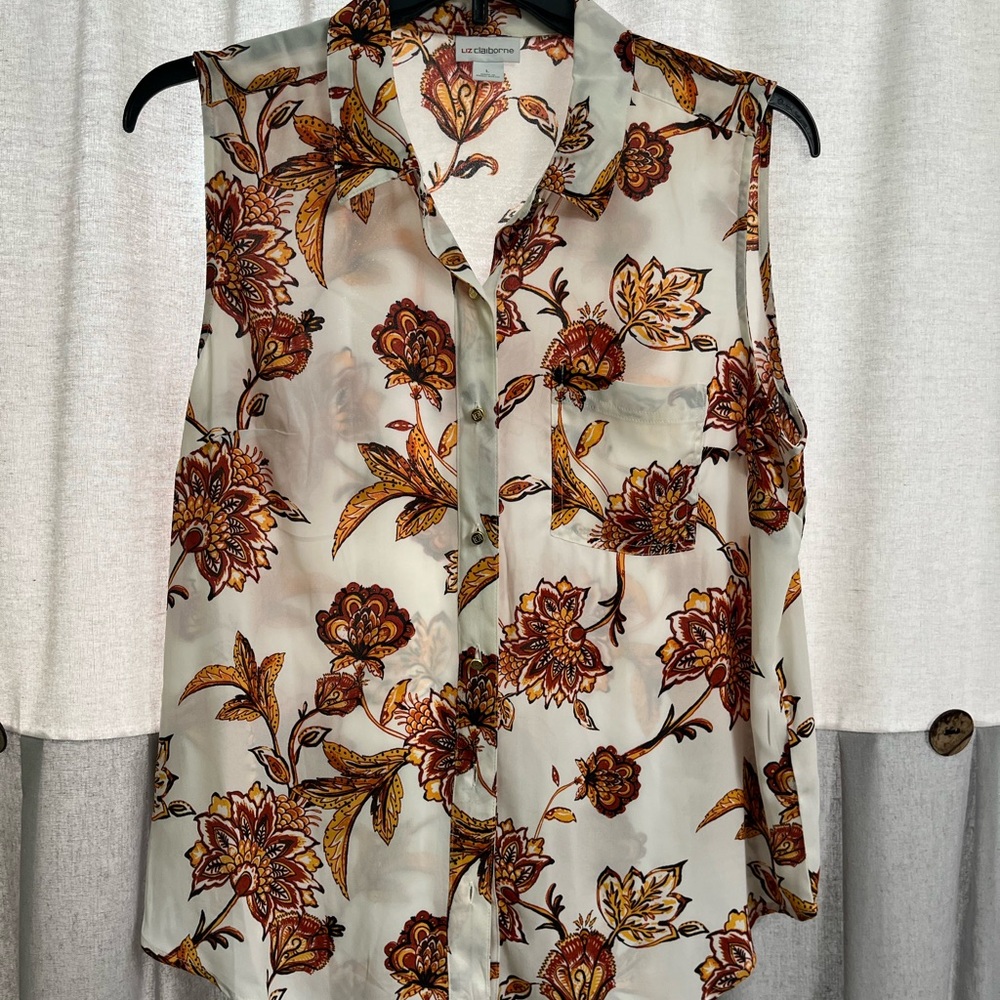 Liz Claiborne Floral Sleeveless Blouse - White with Red and Gold Florals